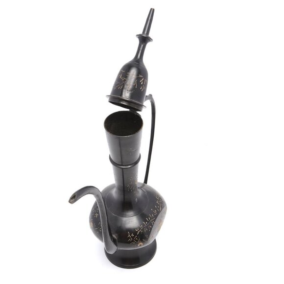 Vintage Brass Etched Aftaba Coffee Tea Pot and Vase Engraved Gold Black India - Picture 4 of 15